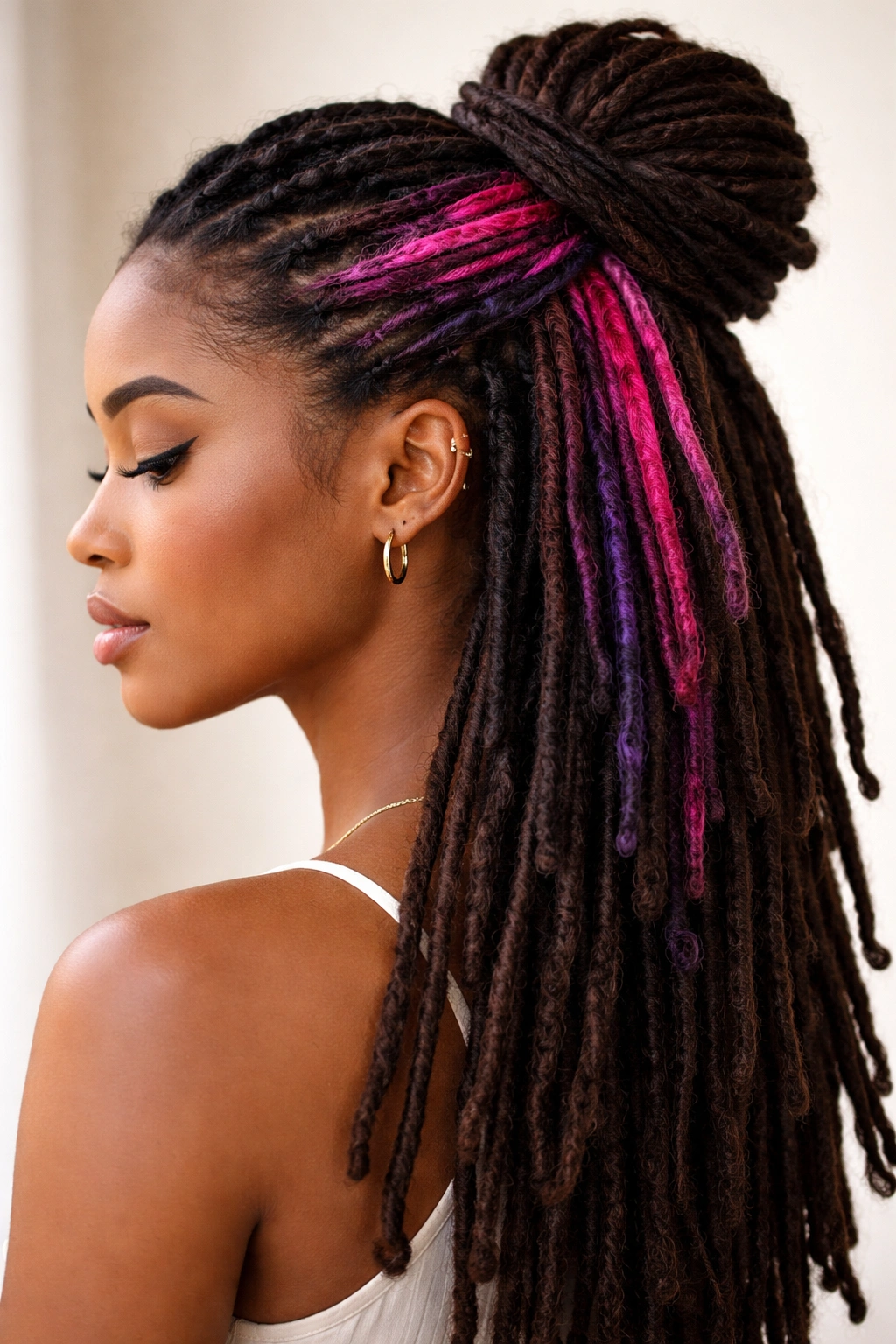 Side view of partial updo with a bold colored section of locs visible on one side