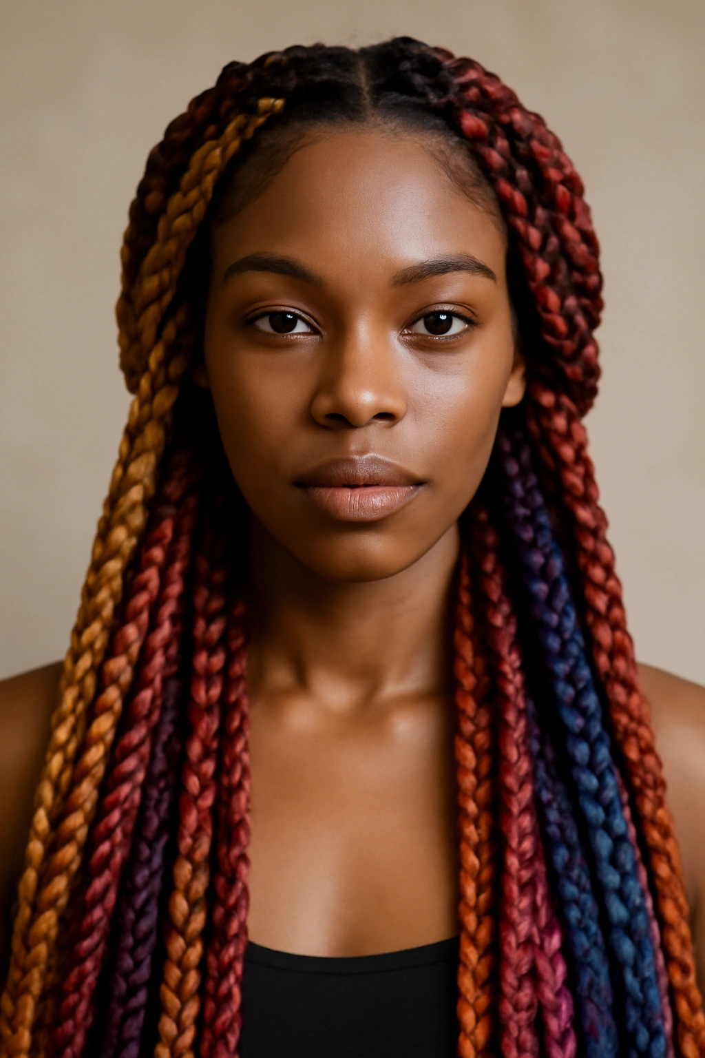 Close-up of colored pigtail braids with vibrant extensions