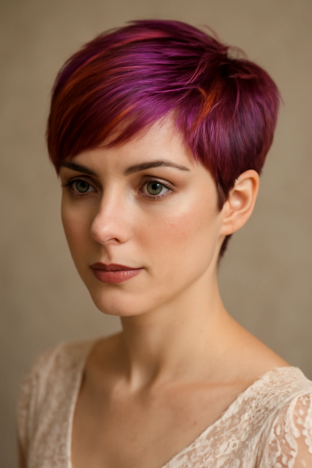 Front-facing pixie with bold color and metallic hair accents