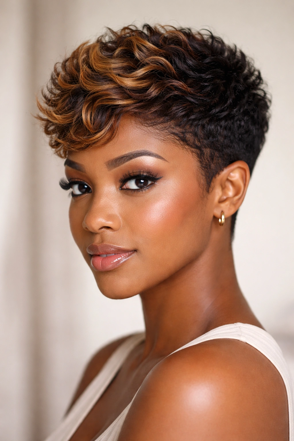 Close-up of a colored textured pixie cut with dimensional crown color.