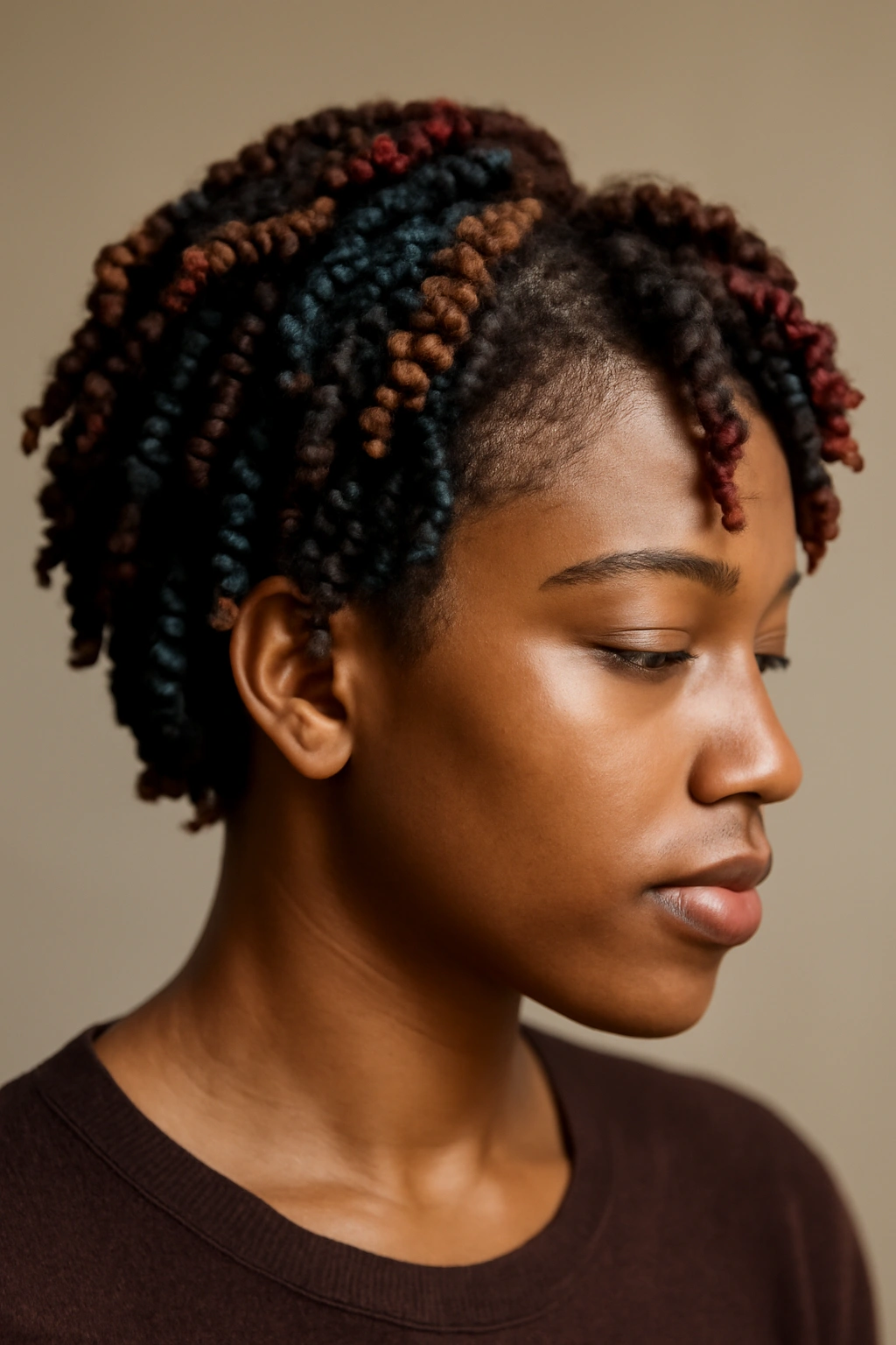 Colored twist outs with highlights woven through short natural hair
