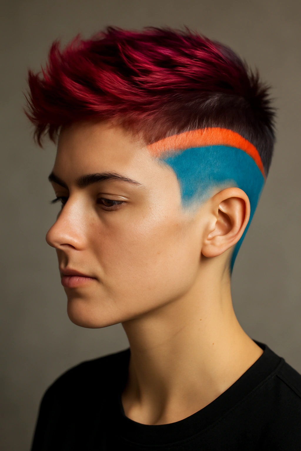 Close-up portrait of bold colored undercut with contrasting top color and sharp lines