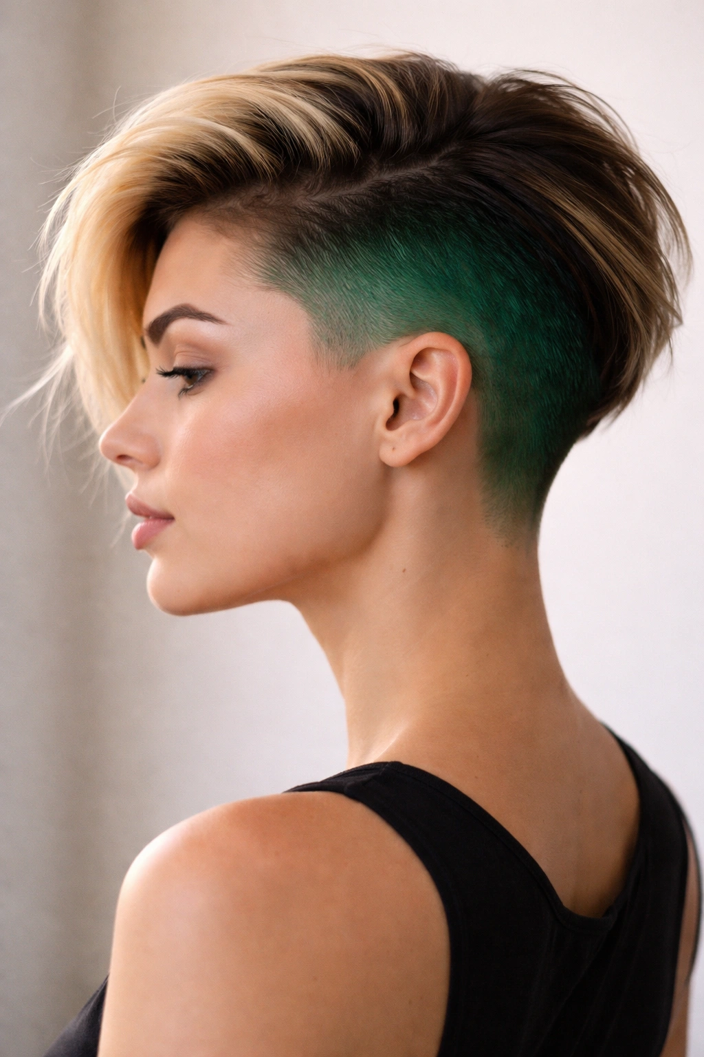 Profile view with emerald colored undercut under natural top hair