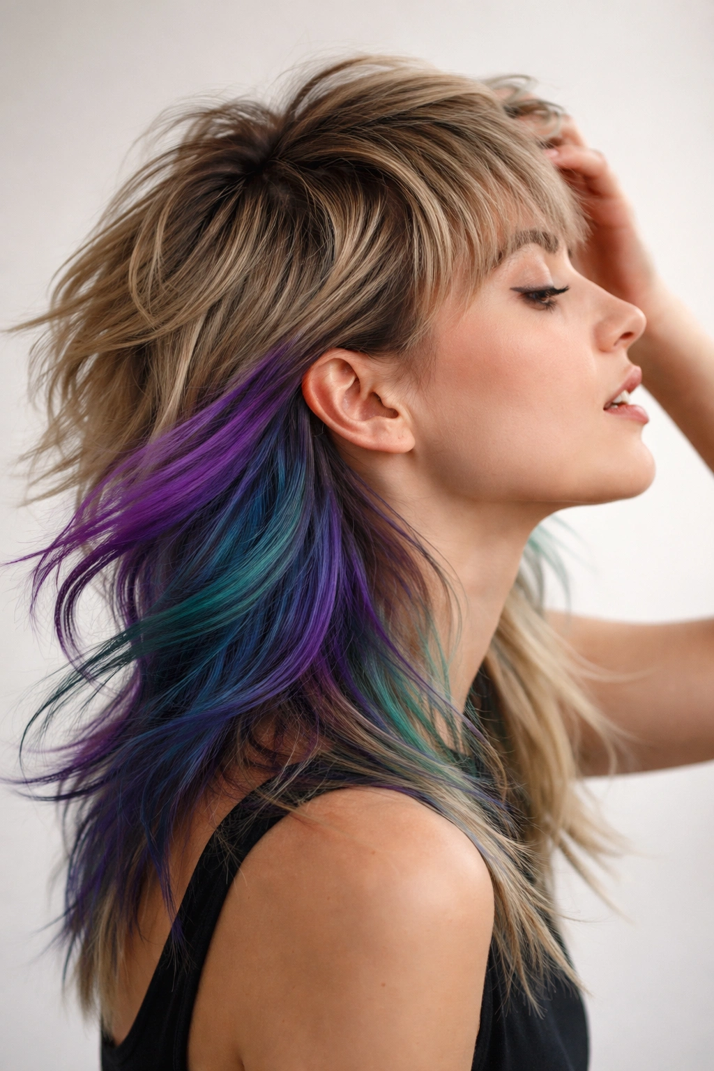 Profile view of a mullet with a colored underneath visible as hair moves