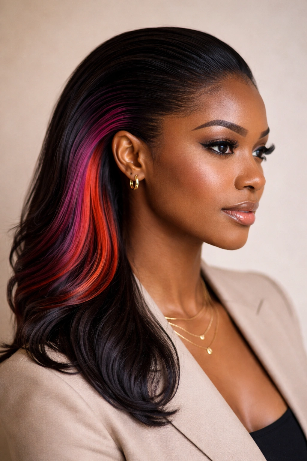Close-up of pushback hairstyle showing colored underside underlayer peeking from a sleek updo