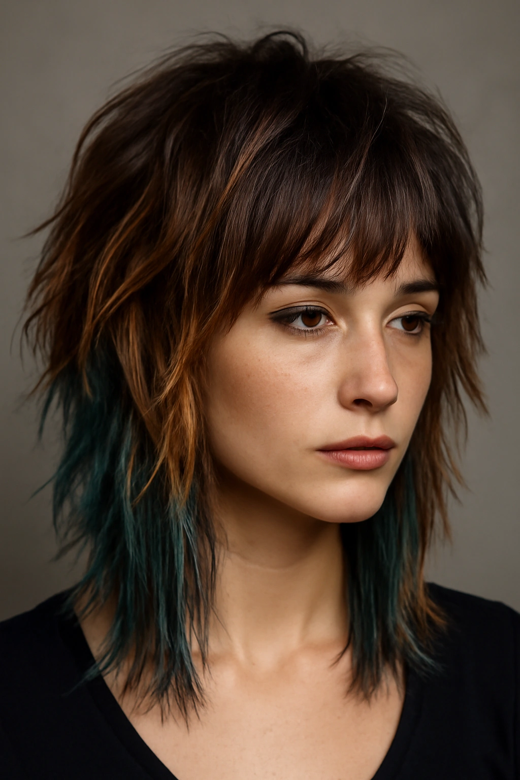 Wolf cut with color contrast on layered hair