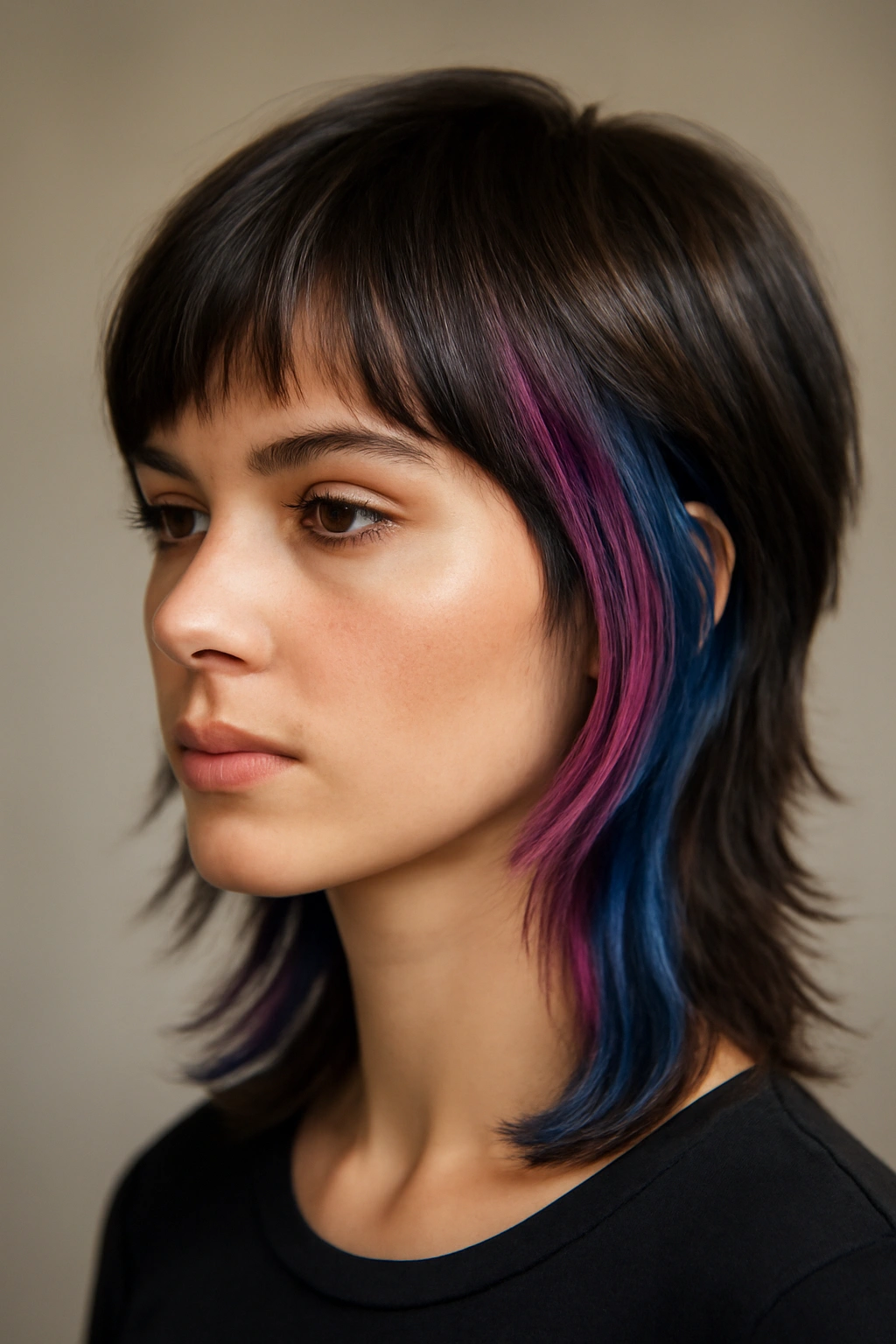 Mullet with bold face-framing color highlights in bright hues