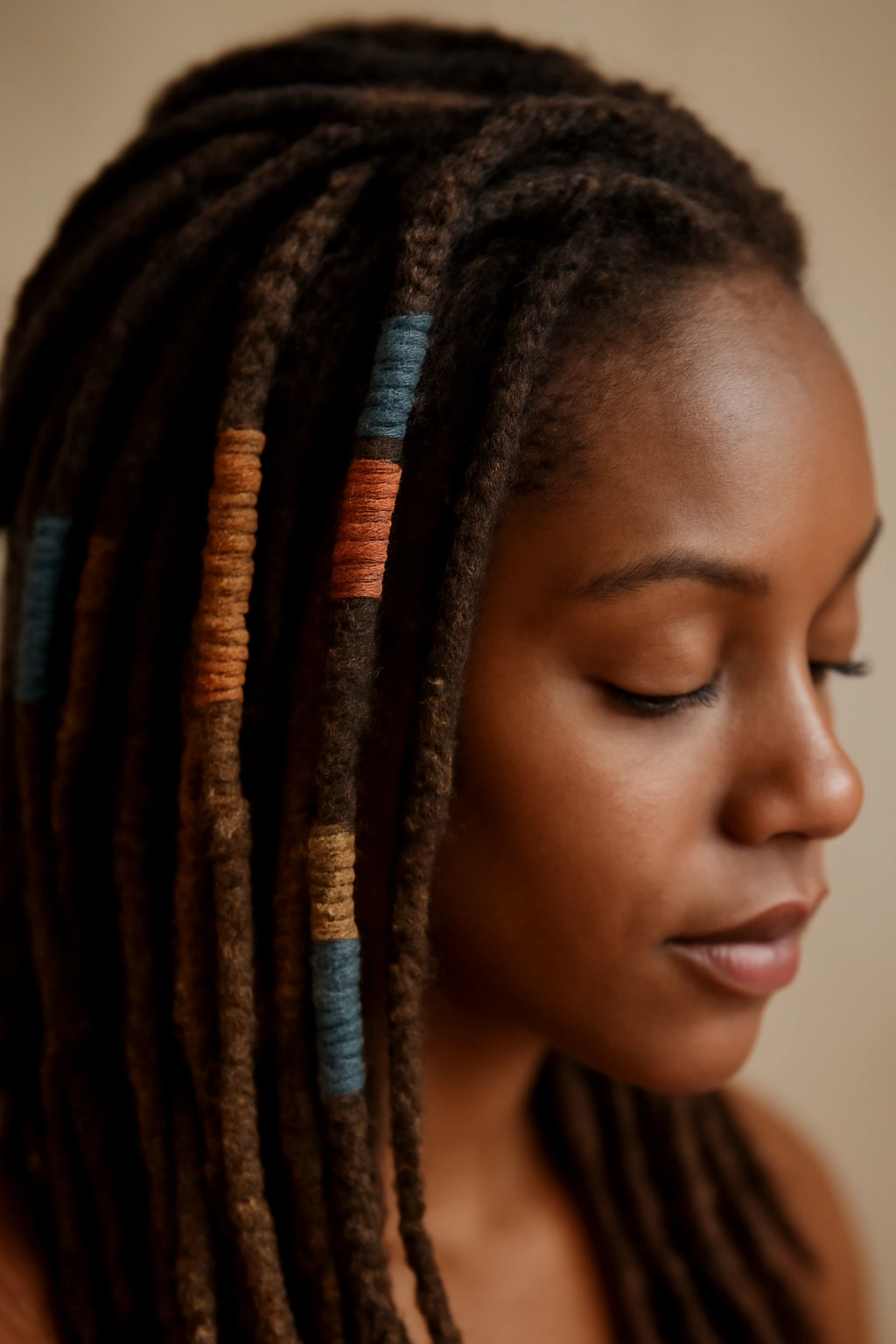 Locs with colorful wraps close-up highlighting wrapped sections