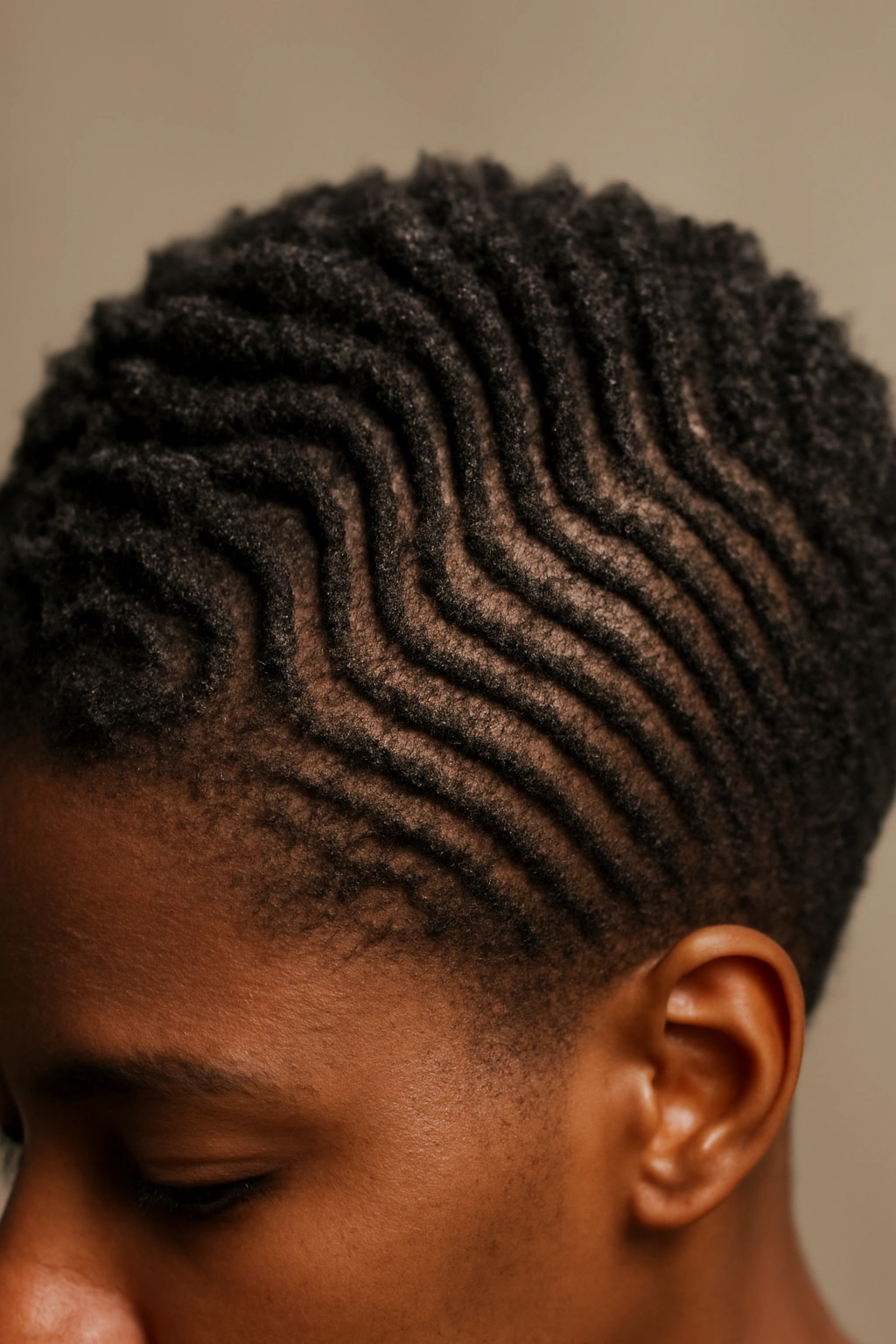 Close-up of 4C hair with sculpted lines and geometric patterns created by a fine-tooth comb.