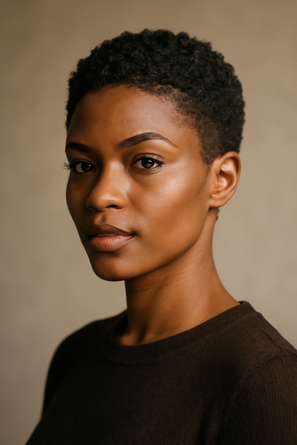 Portrait of a person with bold short natural curls showing confidence