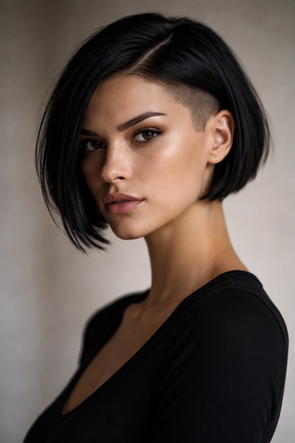 Portrait of a confident person with a bold shaved bob against a neutral backdrop