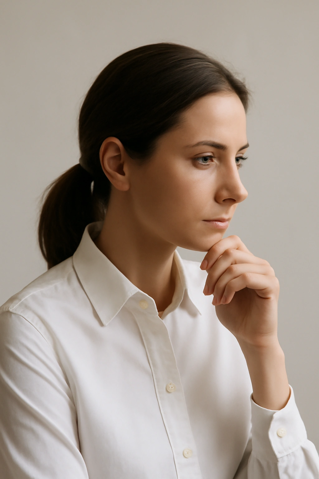 Contemplative person in a crisp button-down, evoking final thoughts.