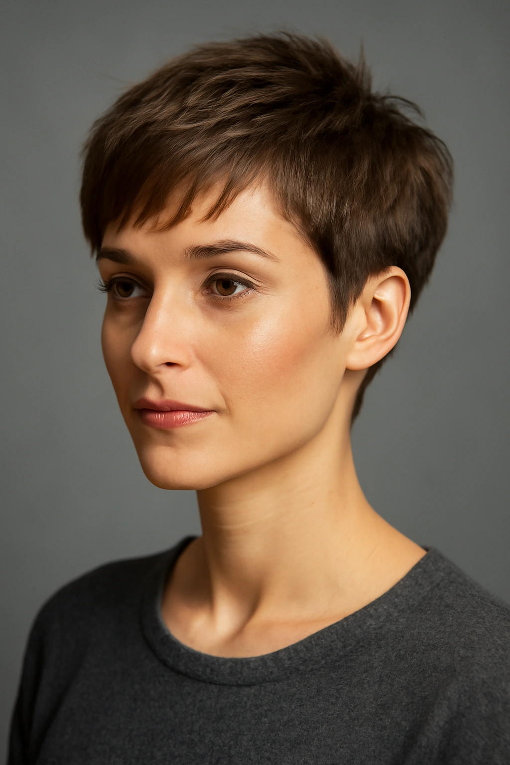 Portrait of a person with a contoured pixie featuring face-framing layers
