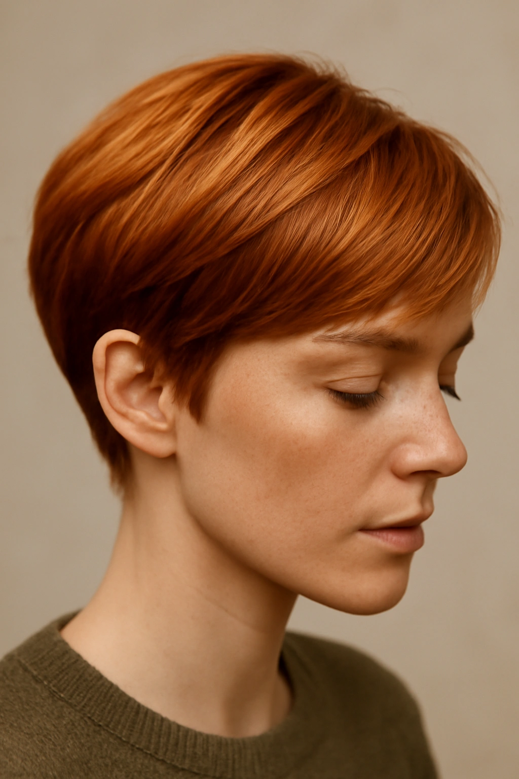 Copper short hair with dimensional color showing true copper tone