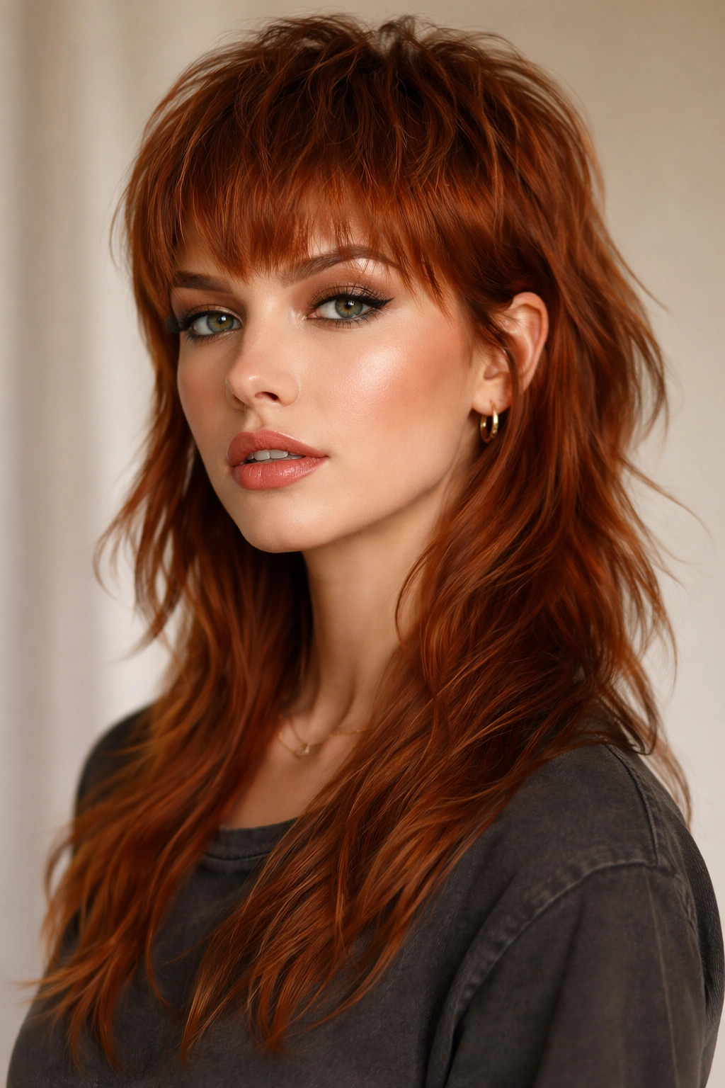 Copper-toned mullet with warm, rich color across front and back in a studio portrait.