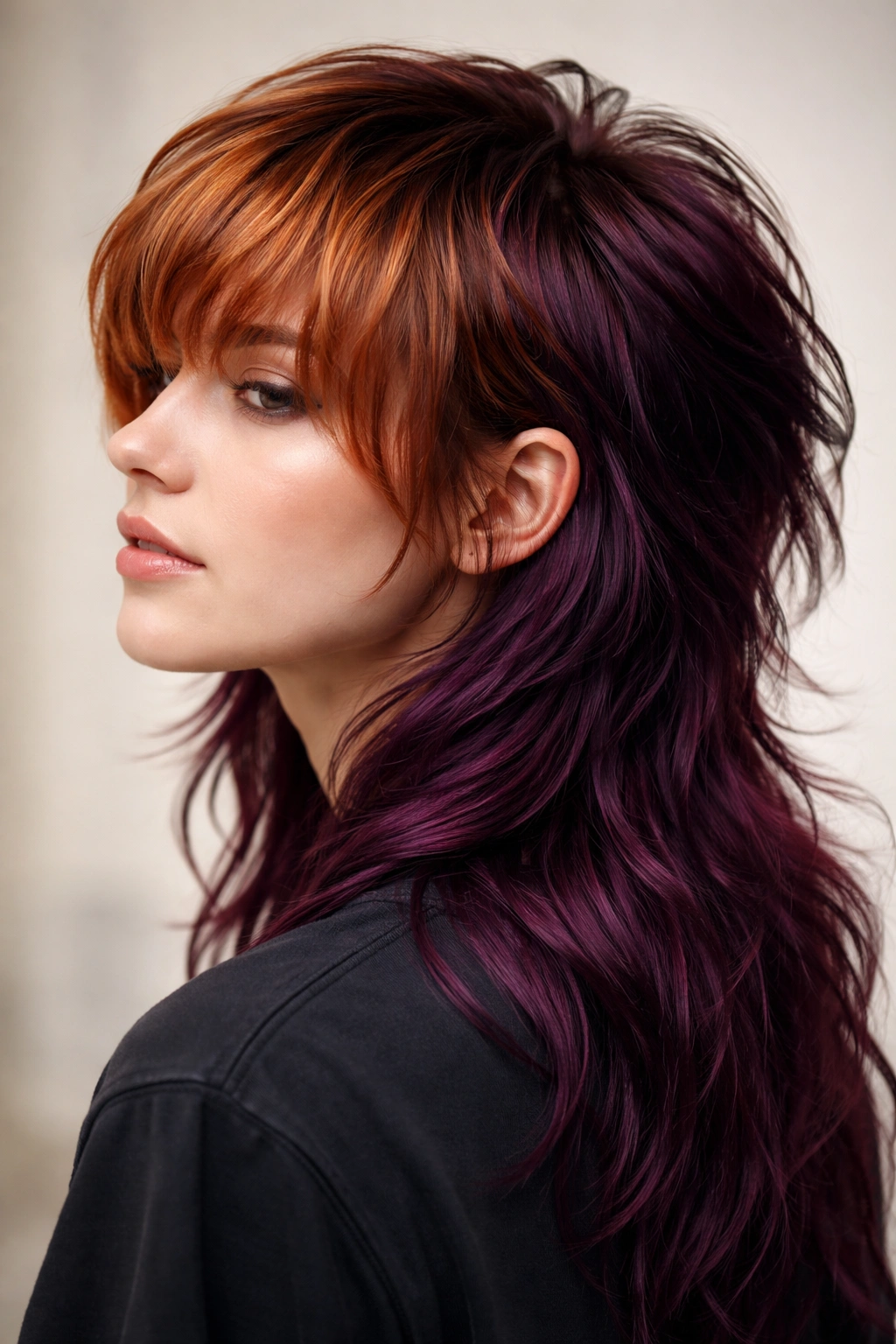 Close-up of copper penny front and deep plum back mullet with color contrast