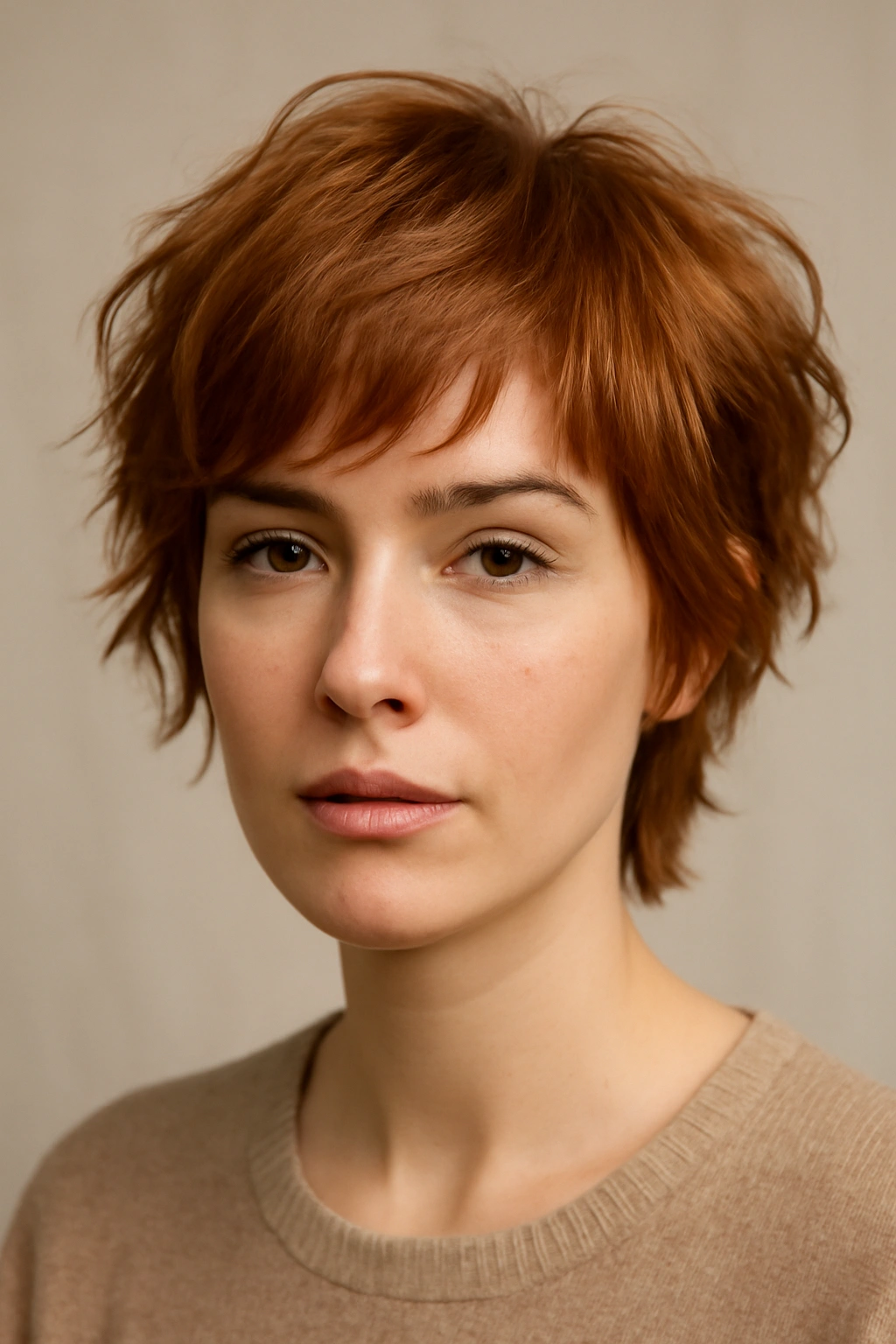 Close-up of a grown-out copper pixie with soft, tousled layers and dimensional color.