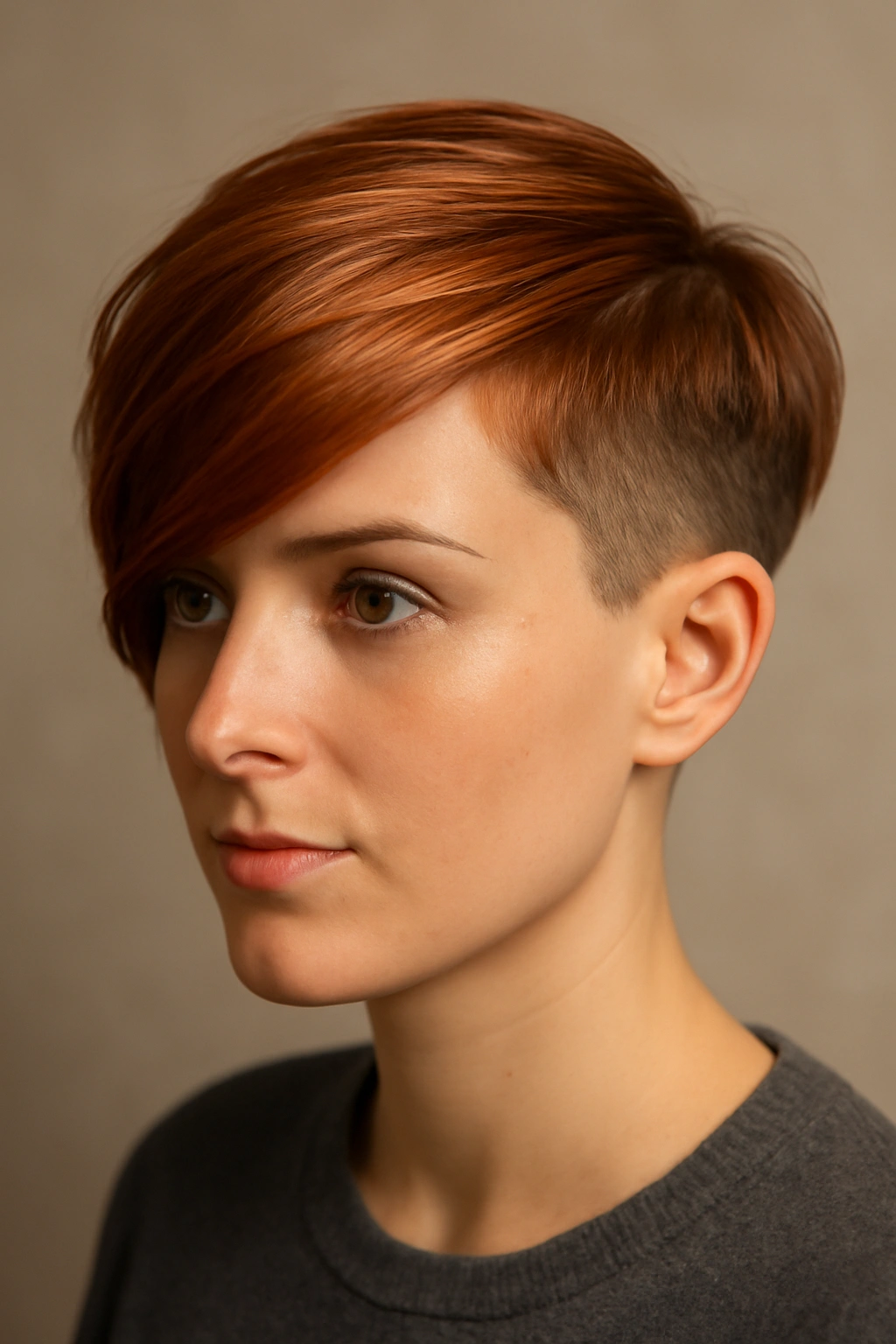 Side-swept copper undercut pixie with asymmetrical length and shaved undercut.