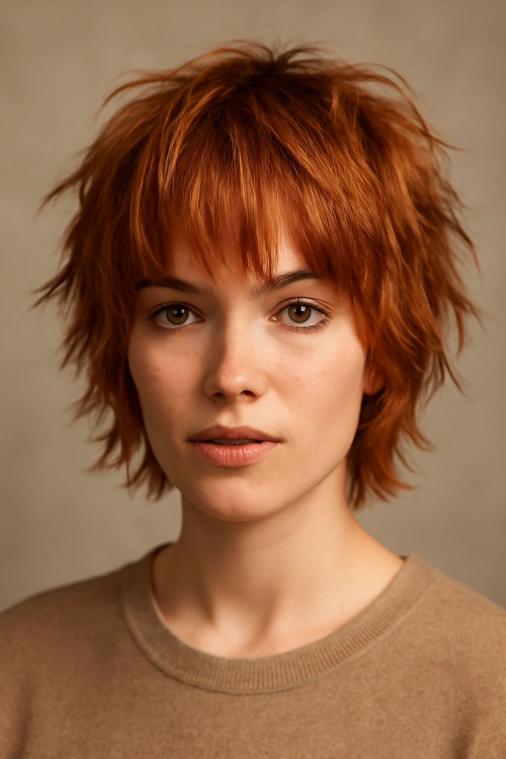 Close-up of a short copper shag hairstyle with choppy layers and tousled texture.