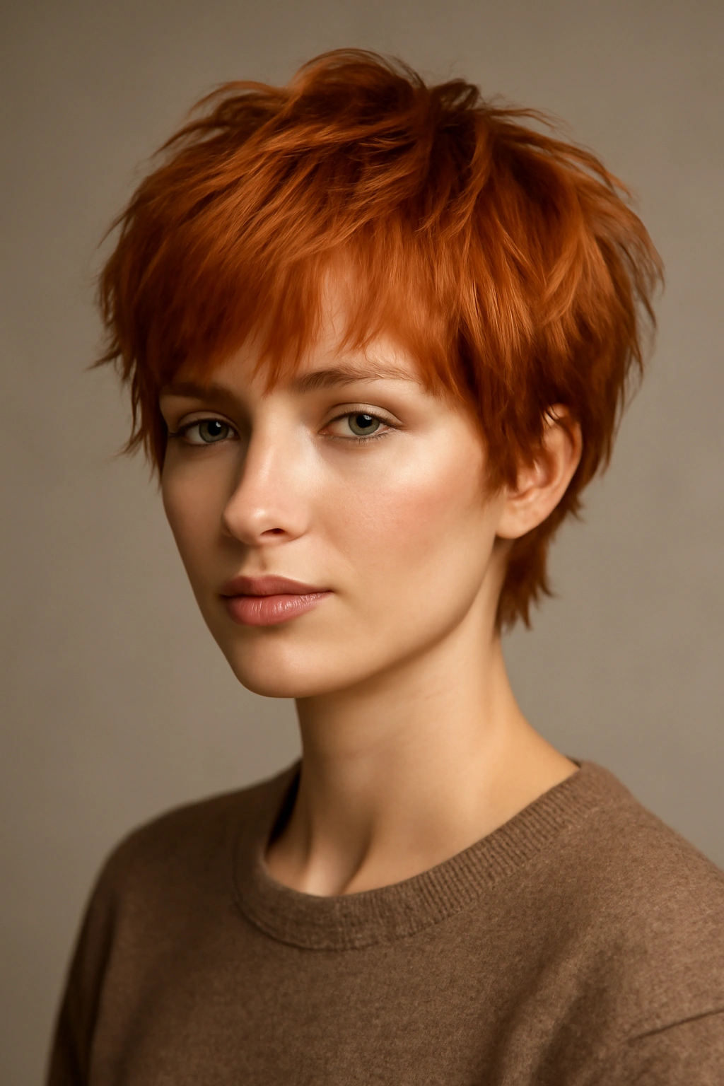 Close-up of copper shag pixie blend hairstyle with textured layers and warm highlights