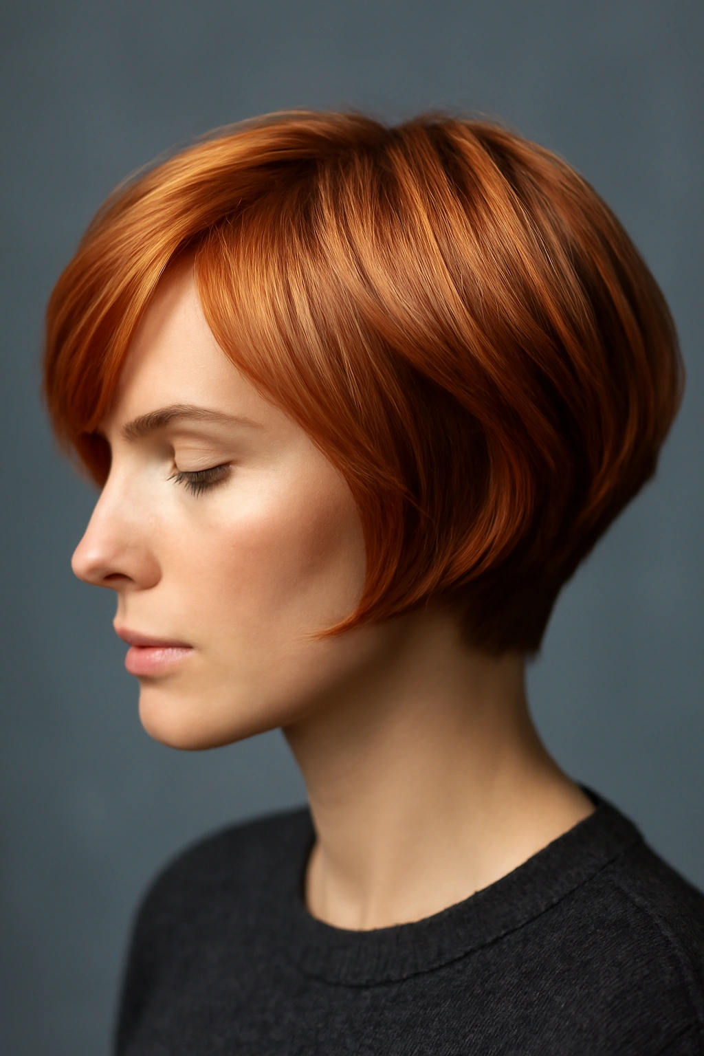 Close-up of short copper hair showing shine and dimensional color