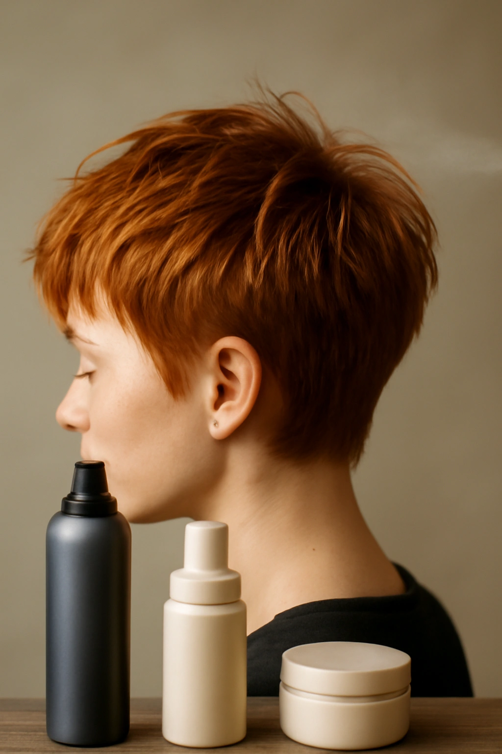 Close-up of copper short hair showing texture and hold from styling products