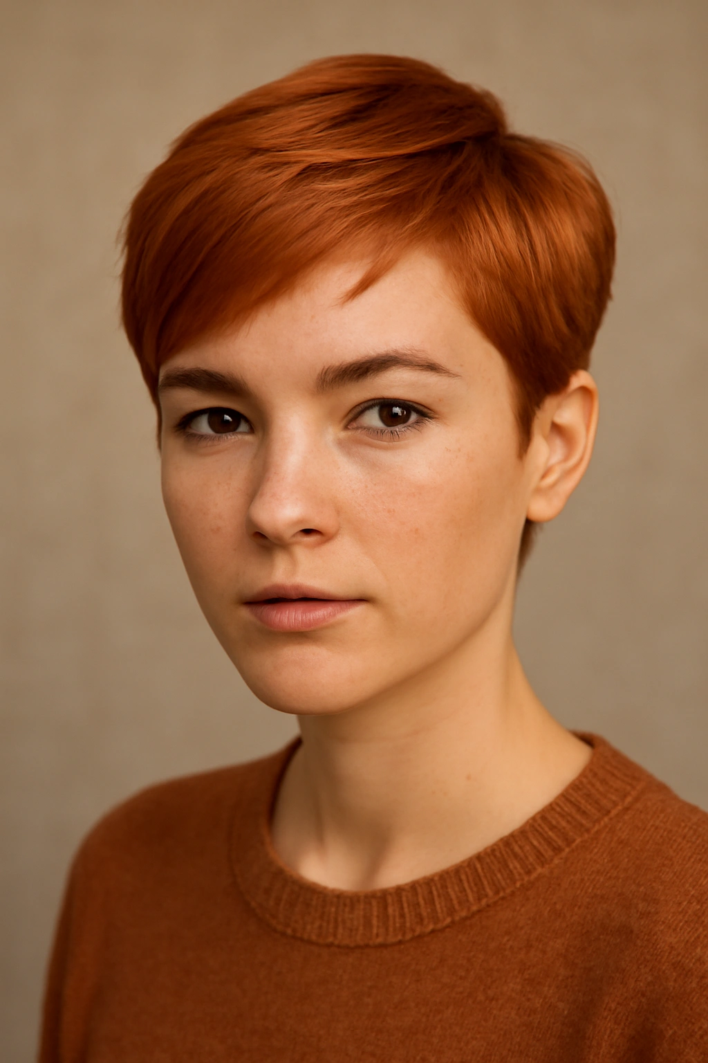 Person with copper short hair and warm undertones with freckles