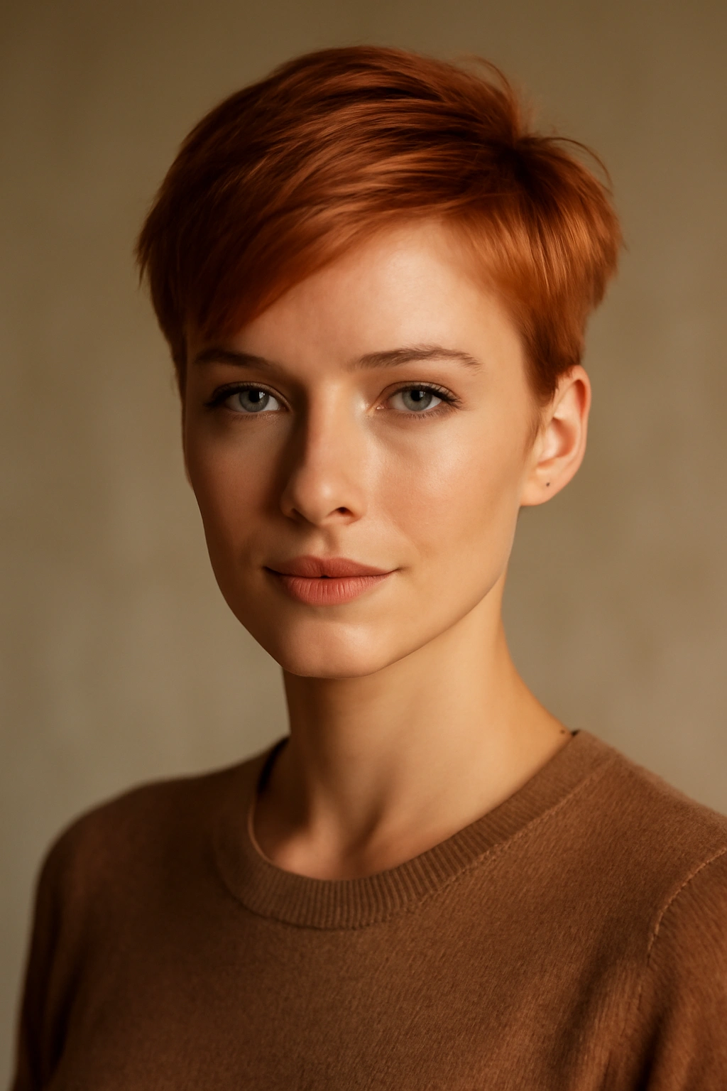 Person with copper short hair in a sleek, modern cut