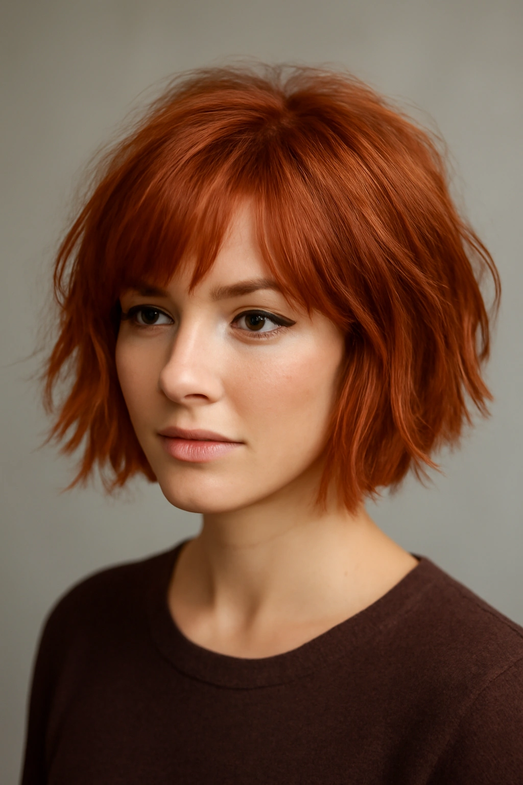 Copper textured bob with chin-length layers and pronounced movement.