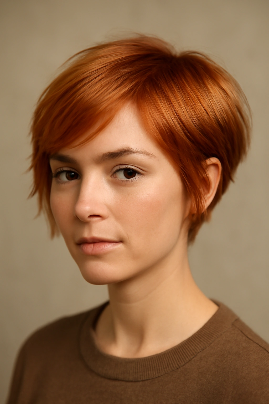 Studio portrait of a short copper-toned hairstyle with gradient color.