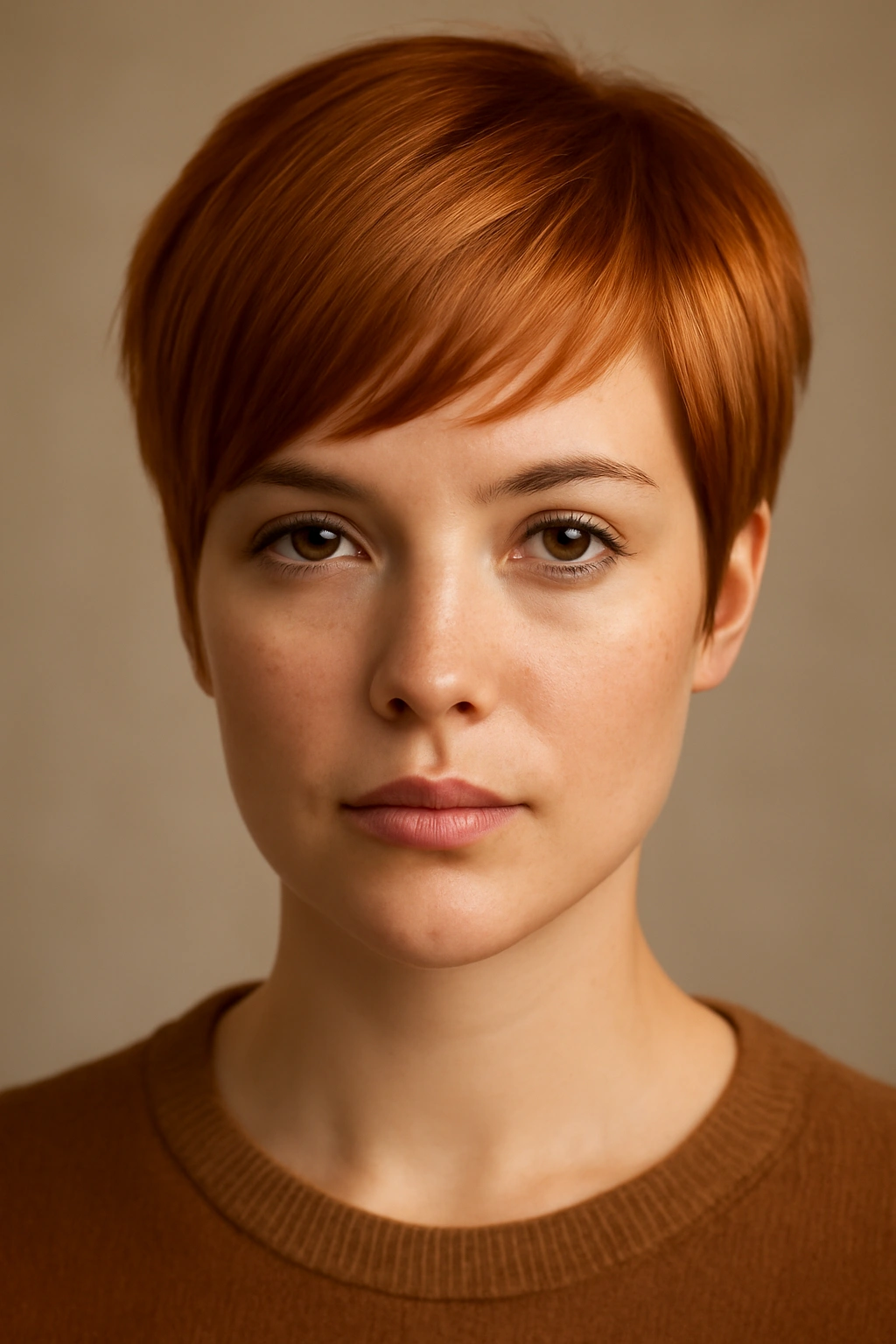 Portrait showing varied copper tones on short hair to match skin undertones.
