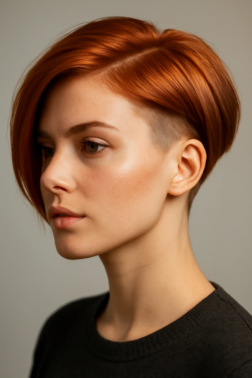 Portrait of a copper undercut bob showing very short sides and a longer copper-toned top.