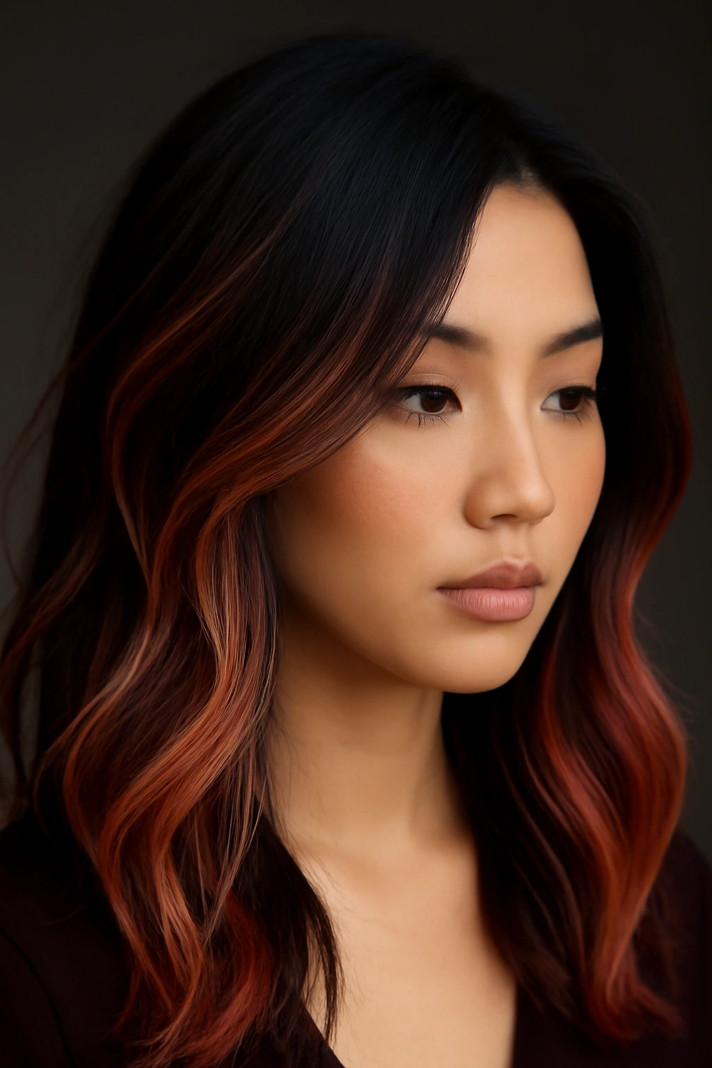 Dark hair with coral and peach tones creating a soft, romantic contrast