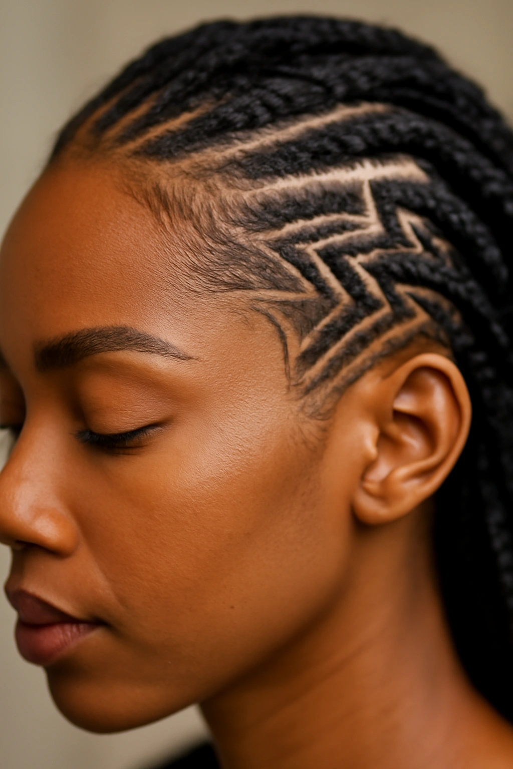 Close-up of corner hairline designs at temple area