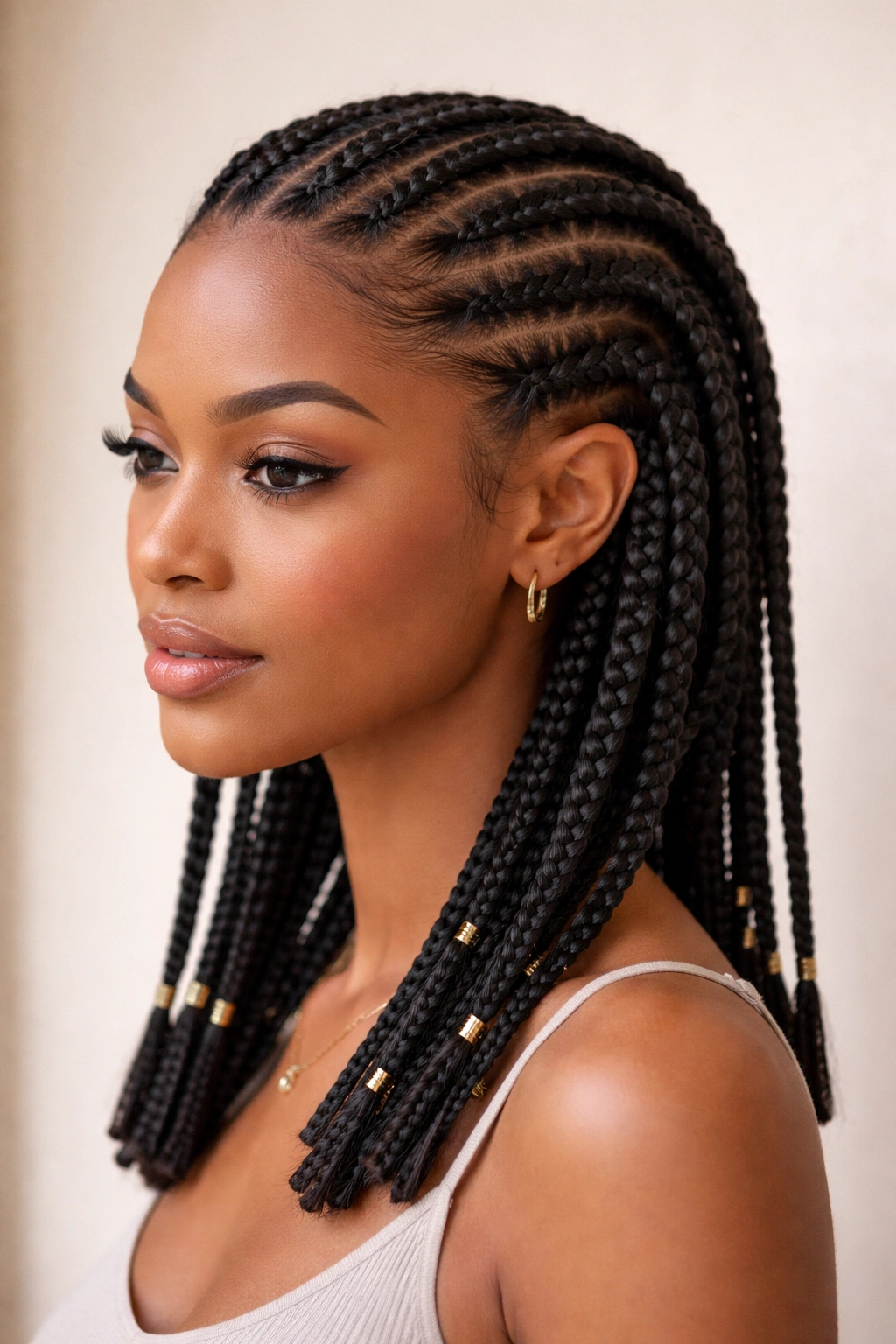 Cornrow crown with hanging box braids on short hair