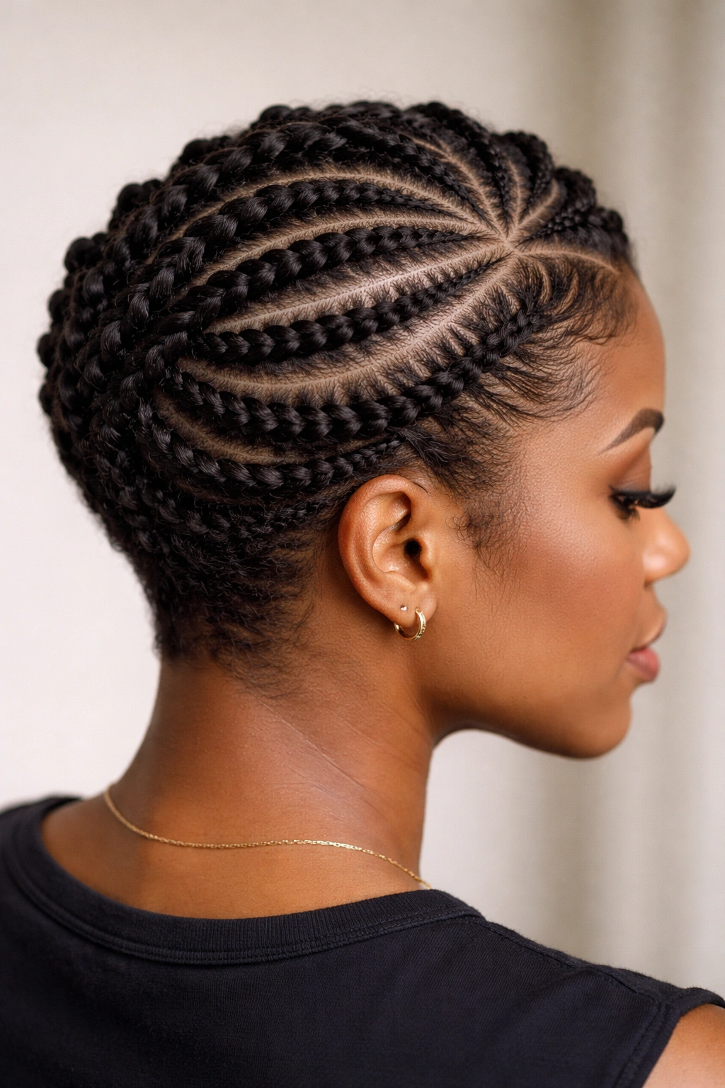 Close-up of a crown-shaped cornrow pattern around the head on short hair