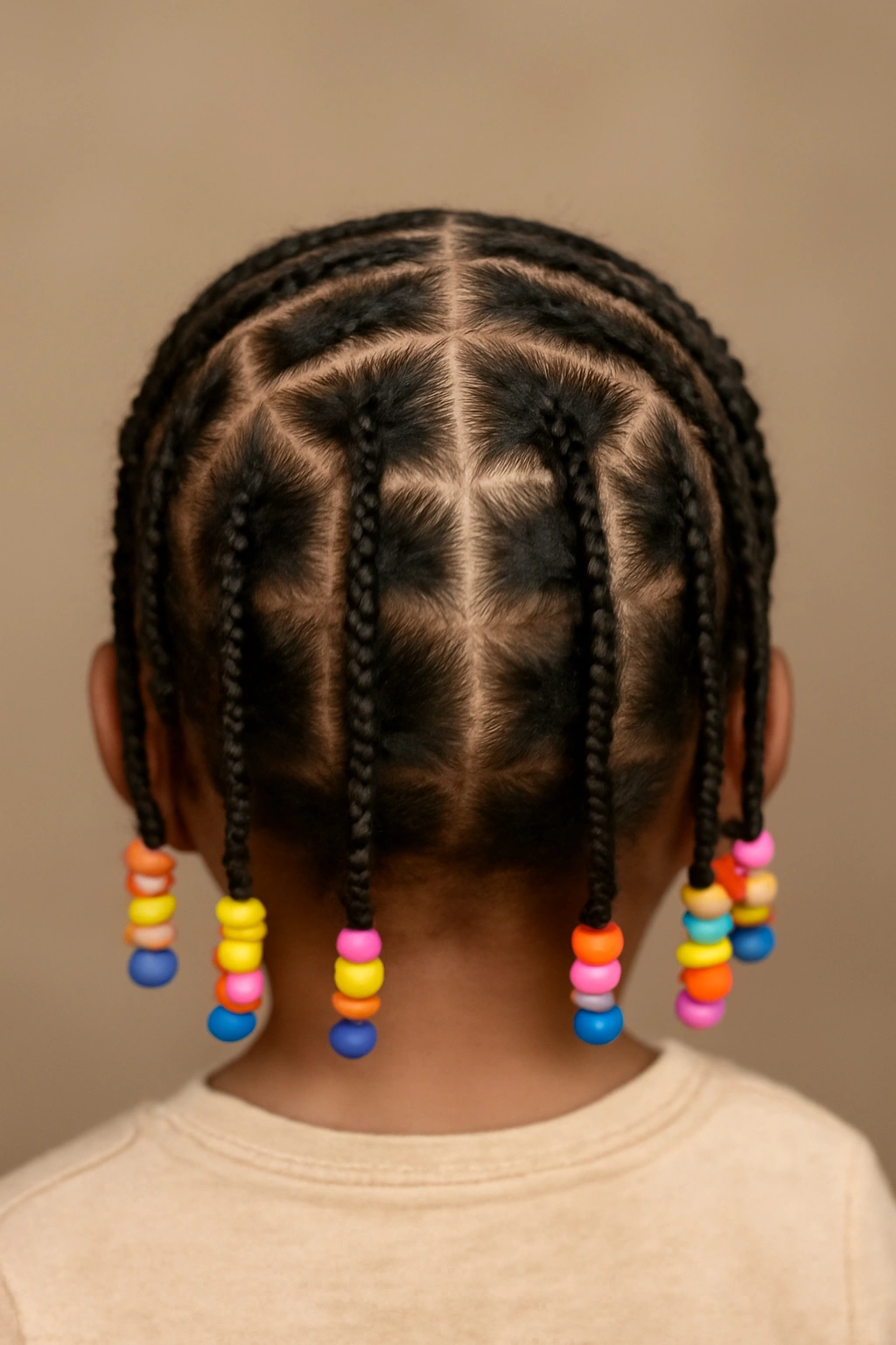 Top-down view of toddler head with cornrow grid and beads