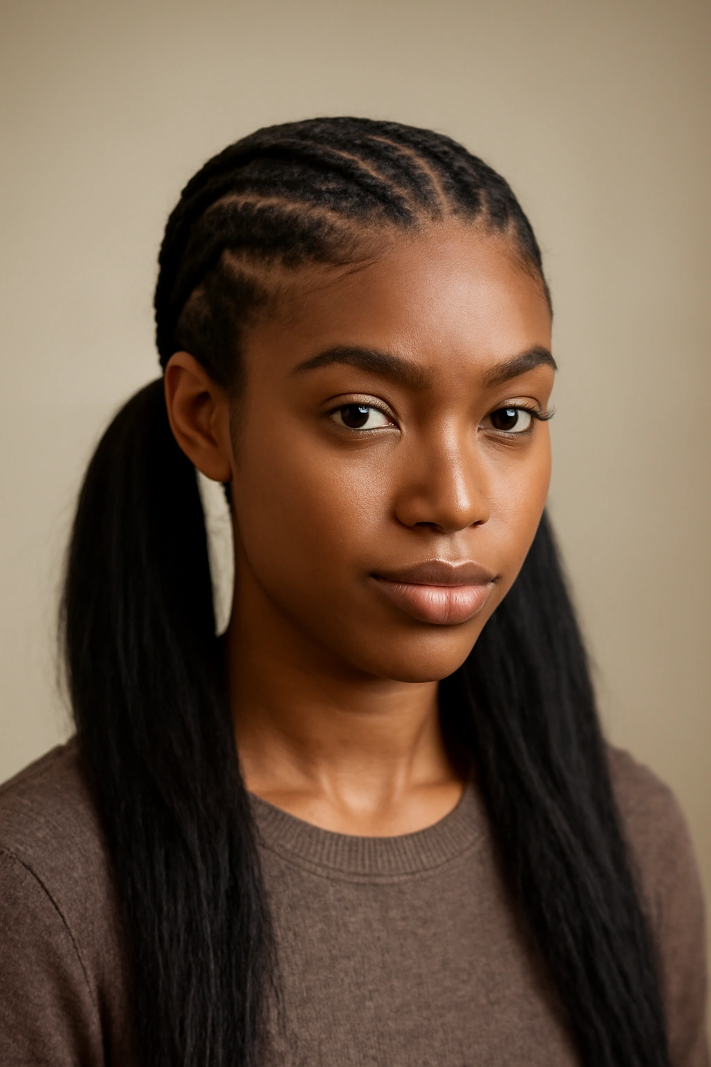 Close-up showing cornrows transitioning into pigtails