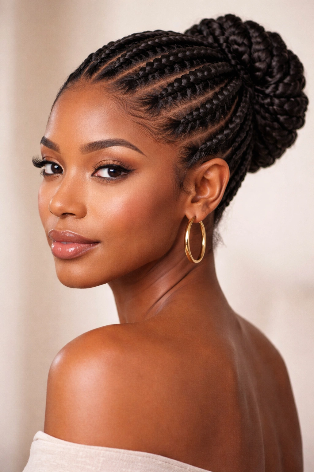 Portrait of a Black woman with a cornrow updo and braided pattern