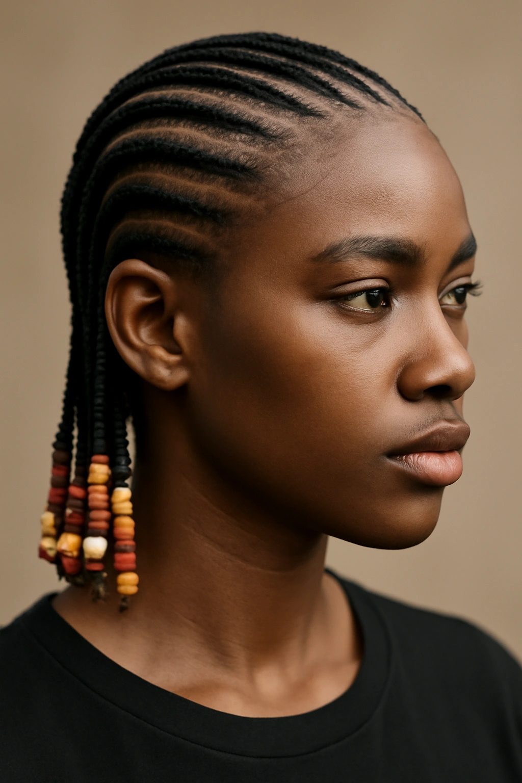Portrait of a person with cornrow braids and beads arranged in clean geometric patterns