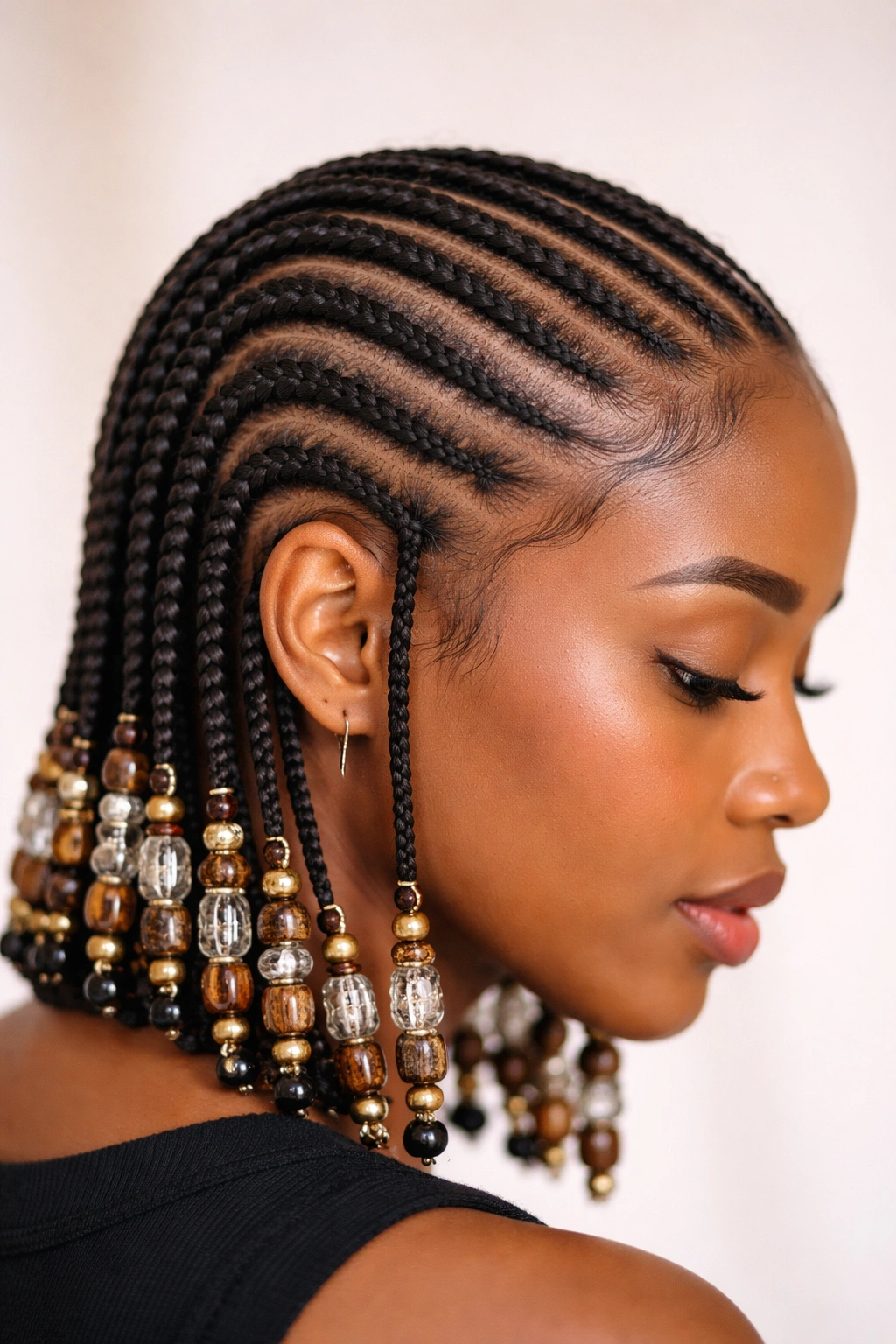 Close-up of cornrows with decorative beads along the scalp