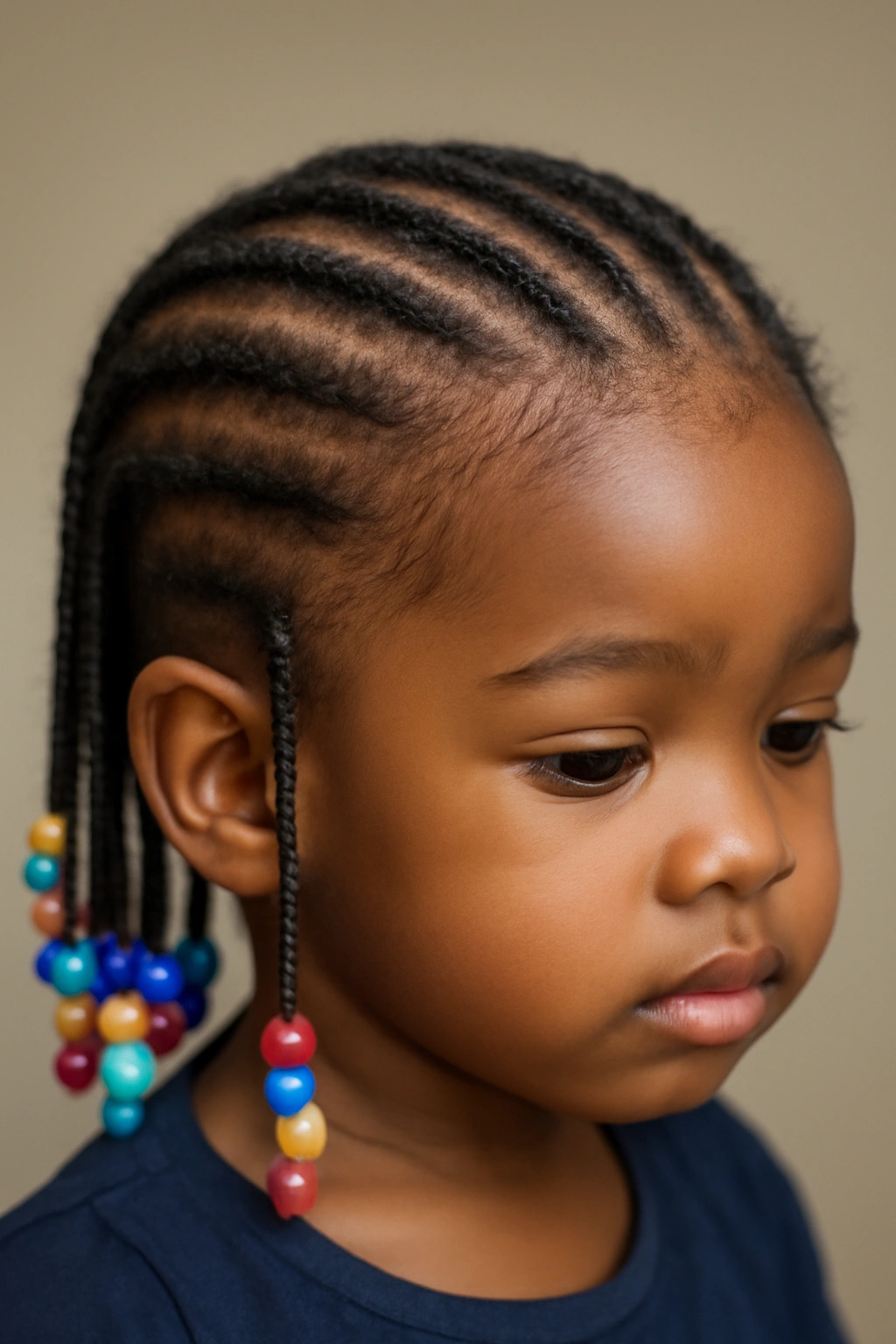 Close-up of toddler with cornrows and colorful beads