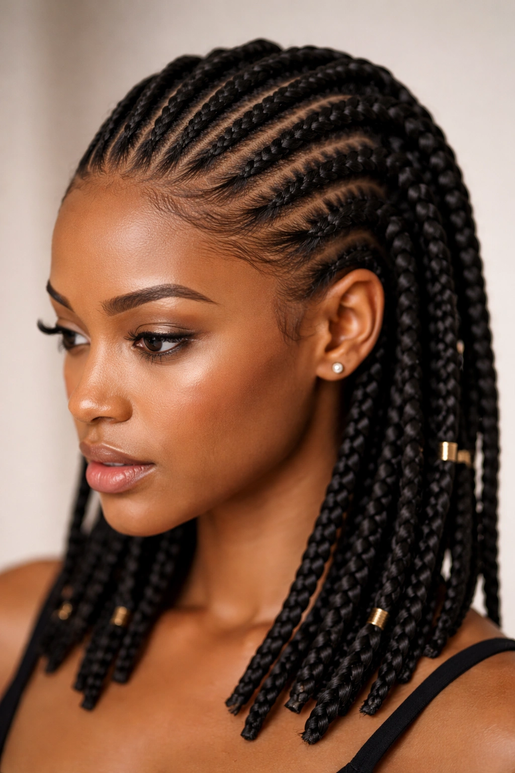 Close-up of Sleek Back Cornrows fading into Box Braids on short hair