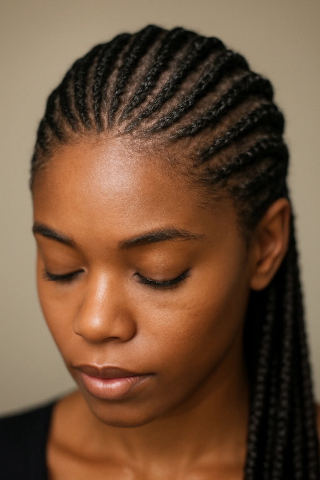 Close-up of a head with cornrows forming a protective braided hairstyle