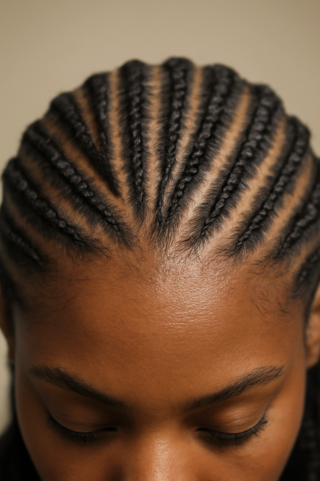 Close-up of tight cornrows braided along the scalp showing precise patterns
