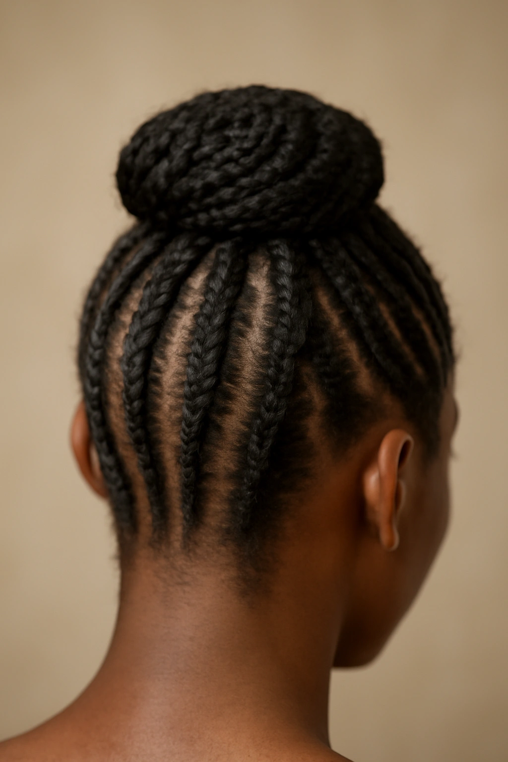 Cornrows braided into a bun at the back of the head
