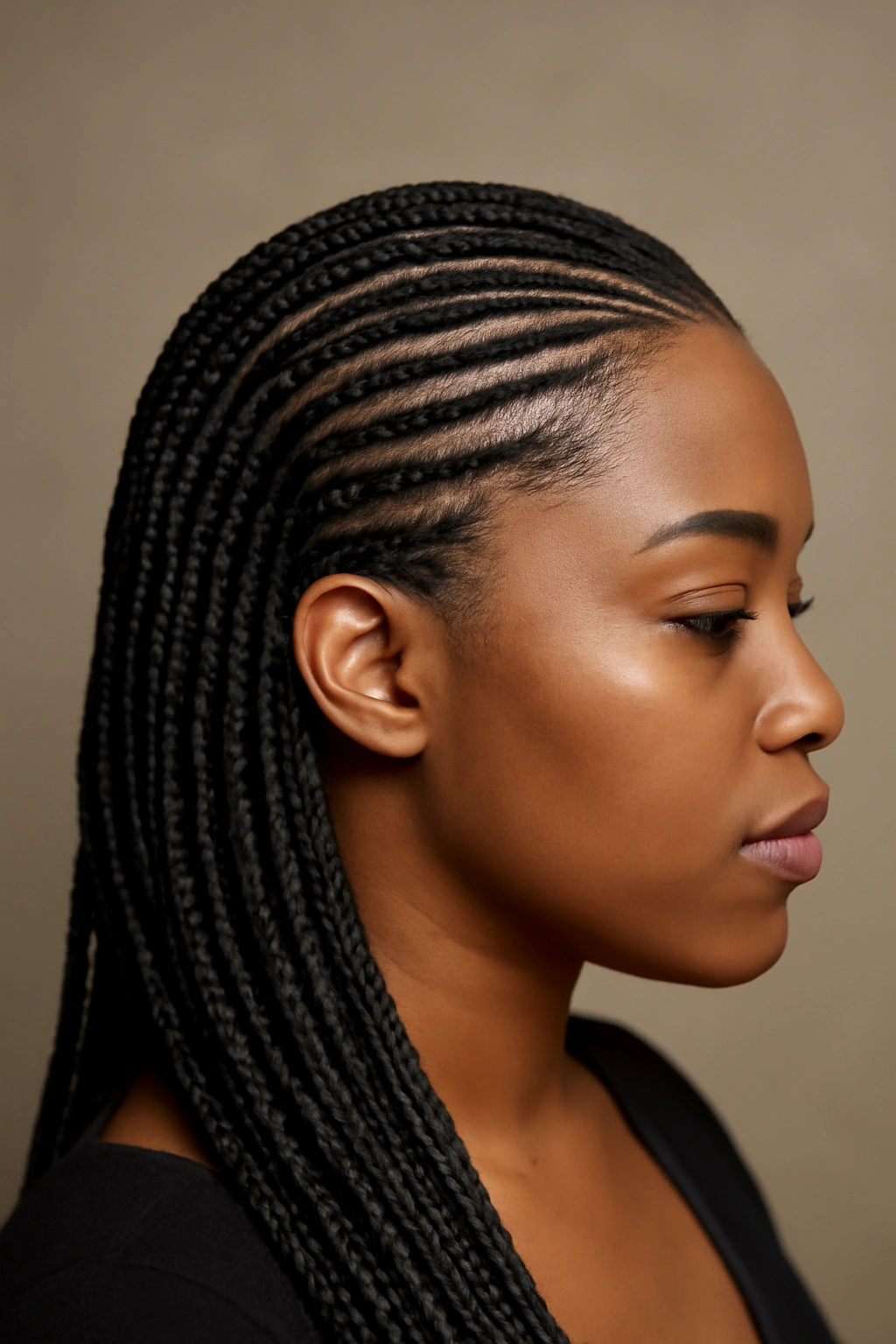 Black woman with side-parted cornrows and extensions