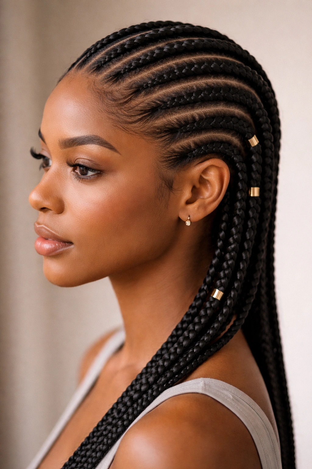 Cornrows with minimal adorning and sparse cuffs