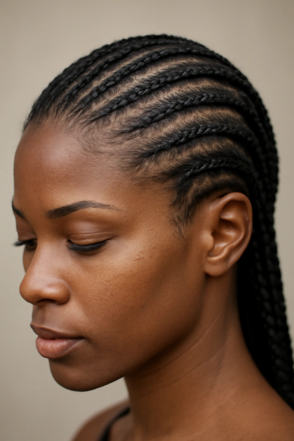 Close-up of neat cornrows along the scalp on dark skin; a protective hairstyle for black hair.
