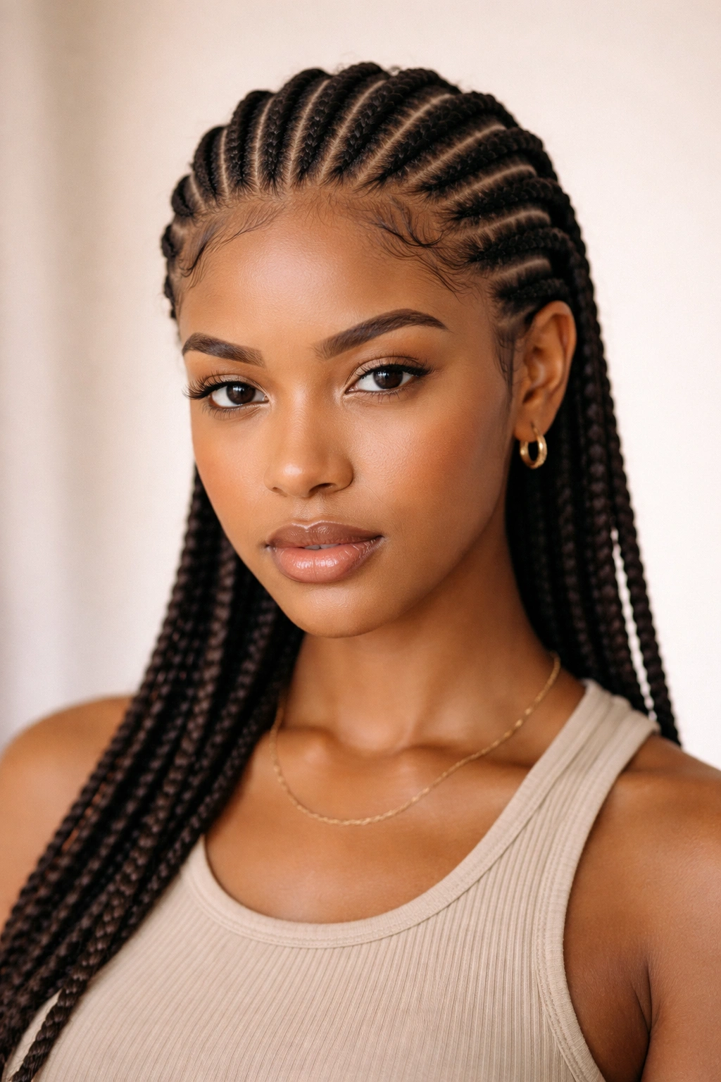 Close-up of tight cornrows running straight lines along the scalp